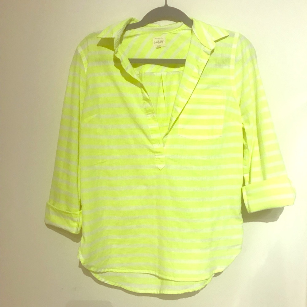 J Crew Pop-over collared Neon Yellow/white stripe